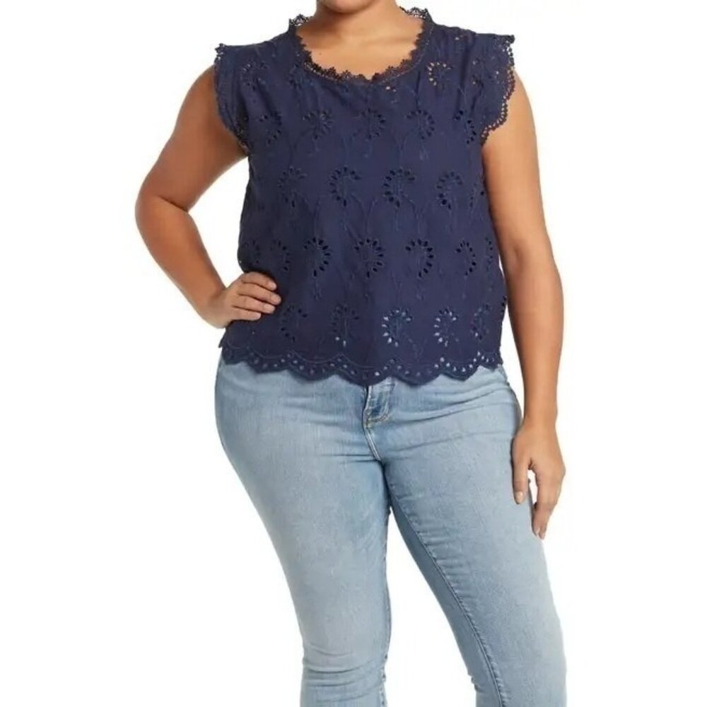 Forgotten Grace Eyelet Top Boho Navy Blue Lace Trim Scalloped Hem Size 2X‎